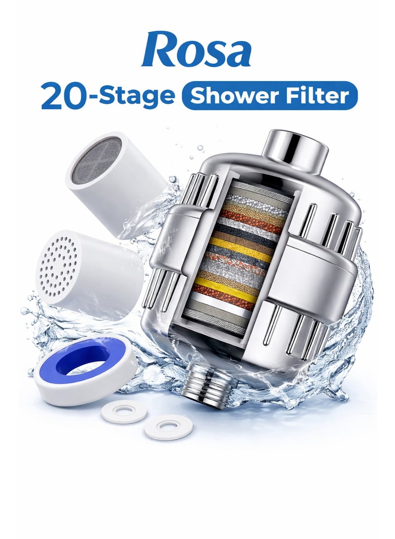 Rosa 20-Stage Shower Water Filter for Hard Water, High Pressure Water Softener, Chlorine Fluoride Removal, Universal G1/2, Chrome Finish - Image 1